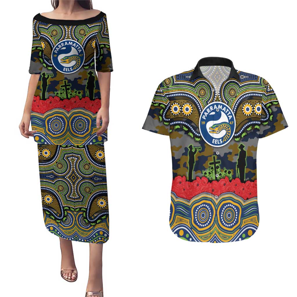 ANZAC Day Parramatta Eels Couples Matching Puletasi and Hawaiian Shirt Military Memorial Aboriginal Indigenous Art