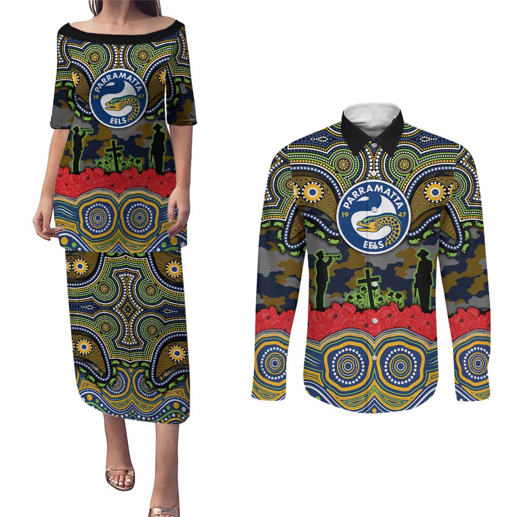 ANZAC Day Parramatta Eels Couples Matching Puletasi and Long Sleeve Button Shirt Military Memorial Aboriginal Indigenous Art
