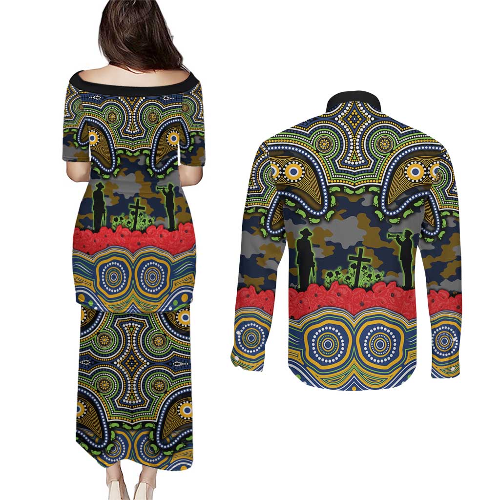 ANZAC Day Parramatta Eels Couples Matching Puletasi and Long Sleeve Button Shirt Military Memorial Aboriginal Indigenous Art