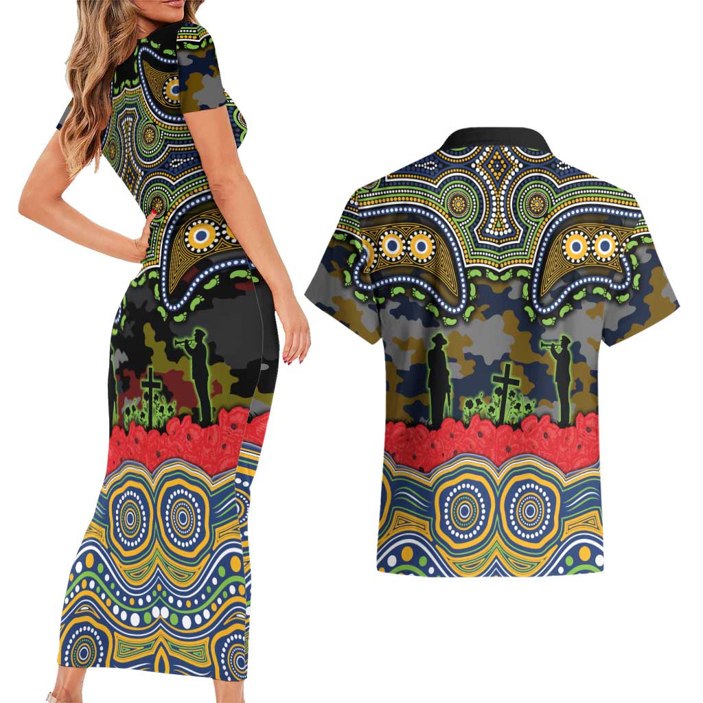 ANZAC Day Parramatta Eels Couples Matching Short Sleeve Bodycon Dress and Hawaiian Shirt Military Memorial Aboriginal Indigenous Art