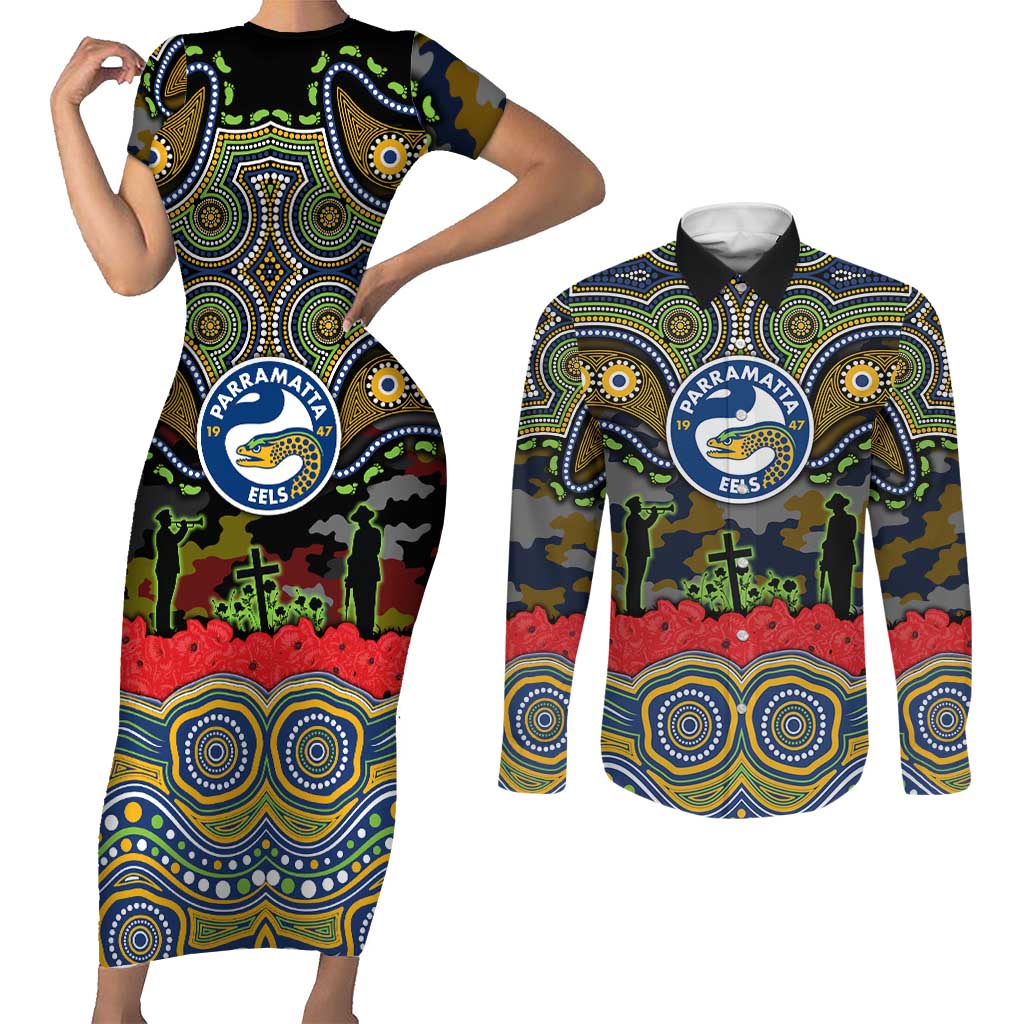 ANZAC Day Parramatta Eels Couples Matching Short Sleeve Bodycon Dress and Long Sleeve Button Shirt Military Memorial Aboriginal Indigenous Art