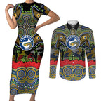 ANZAC Day Parramatta Eels Couples Matching Short Sleeve Bodycon Dress and Long Sleeve Button Shirt Military Memorial Aboriginal Indigenous Art