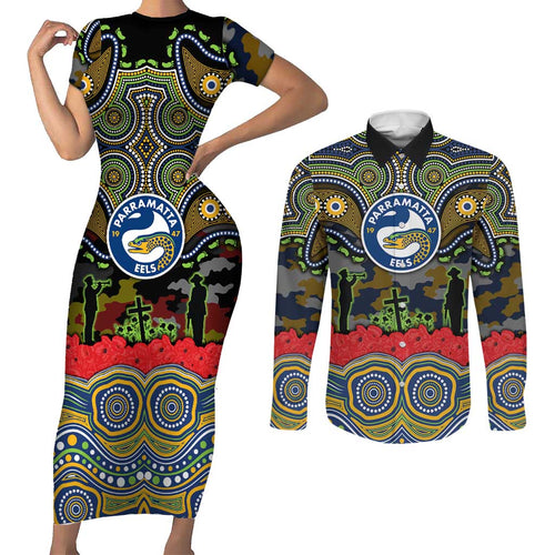 ANZAC Day Parramatta Eels Couples Matching Short Sleeve Bodycon Dress and Long Sleeve Button Shirt Military Memorial Aboriginal Indigenous Art