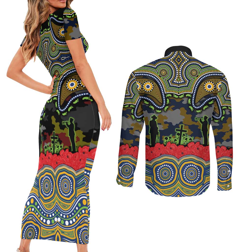 ANZAC Day Parramatta Eels Couples Matching Short Sleeve Bodycon Dress and Long Sleeve Button Shirt Military Memorial Aboriginal Indigenous Art