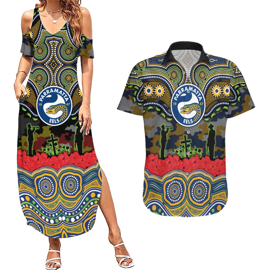 ANZAC Day Parramatta Eels Couples Matching Summer Maxi Dress and Hawaiian Shirt Military Memorial Aboriginal Indigenous Art