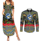 ANZAC Day Parramatta Eels Couples Matching Summer Maxi Dress and Long Sleeve Button Shirt Military Memorial Aboriginal Indigenous Art