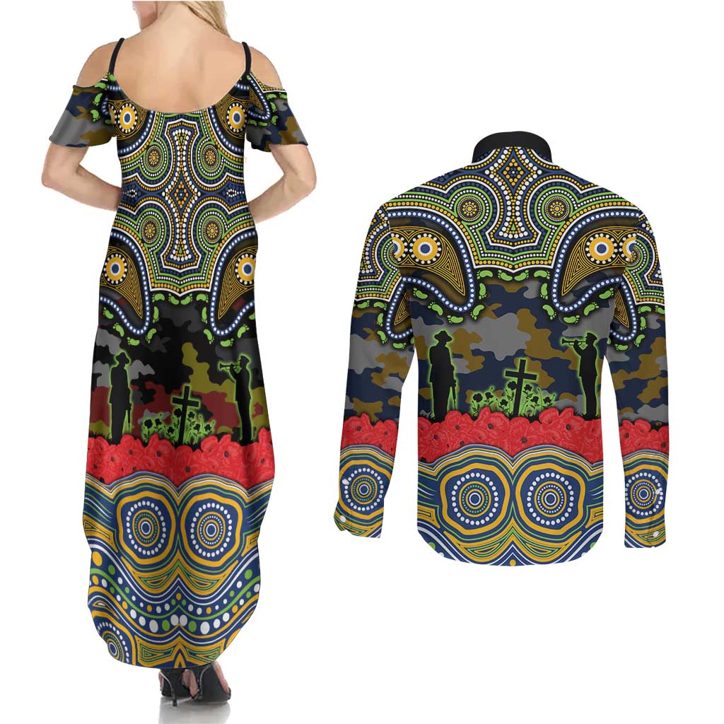 ANZAC Day Parramatta Eels Couples Matching Summer Maxi Dress and Long Sleeve Button Shirt Military Memorial Aboriginal Indigenous Art