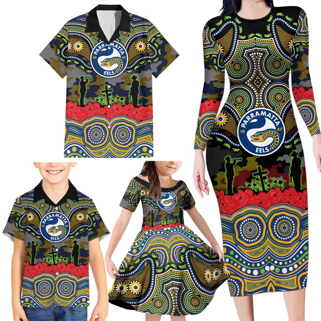 ANZAC Day Parramatta Eels Family Matching Long Sleeve Bodycon Dress and Hawaiian Shirt Military Memorial Aboriginal Indigenous Art