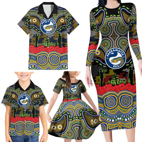 ANZAC Day Parramatta Eels Family Matching Long Sleeve Bodycon Dress and Hawaiian Shirt Military Memorial Aboriginal Indigenous Art