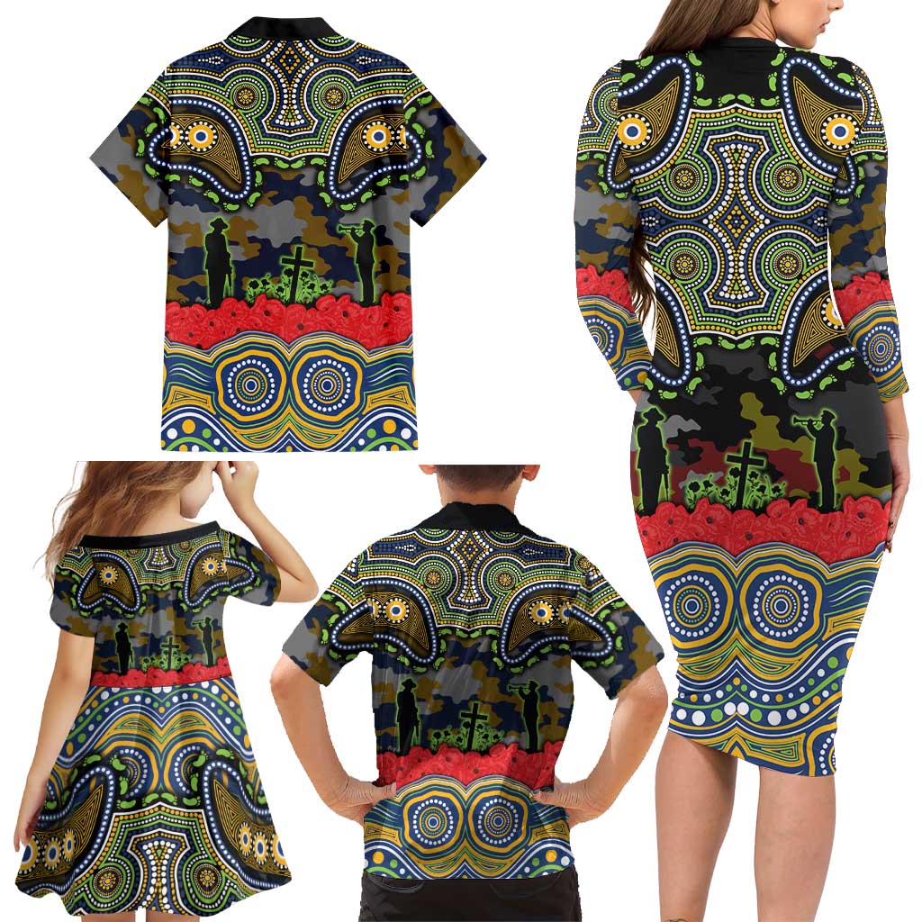 ANZAC Day Parramatta Eels Family Matching Long Sleeve Bodycon Dress and Hawaiian Shirt Military Memorial Aboriginal Indigenous Art