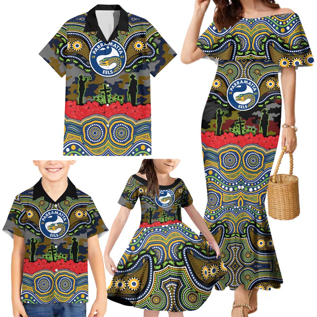 ANZAC Day Parramatta Eels Family Matching Mermaid Dress and Hawaiian Shirt Military Memorial Aboriginal Indigenous Art