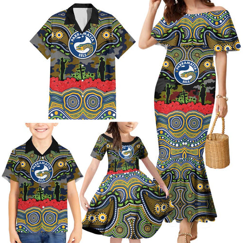 ANZAC Day Parramatta Eels Family Matching Mermaid Dress and Hawaiian Shirt Military Memorial Aboriginal Indigenous Art