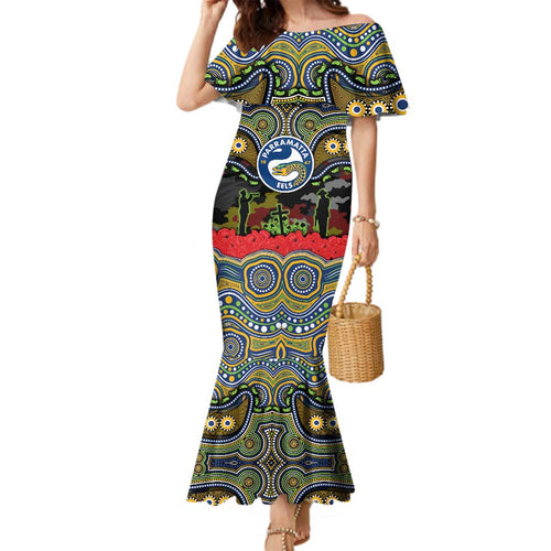 ANZAC Day Parramatta Eels Family Matching Mermaid Dress and Hawaiian Shirt Military Memorial Aboriginal Indigenous Art