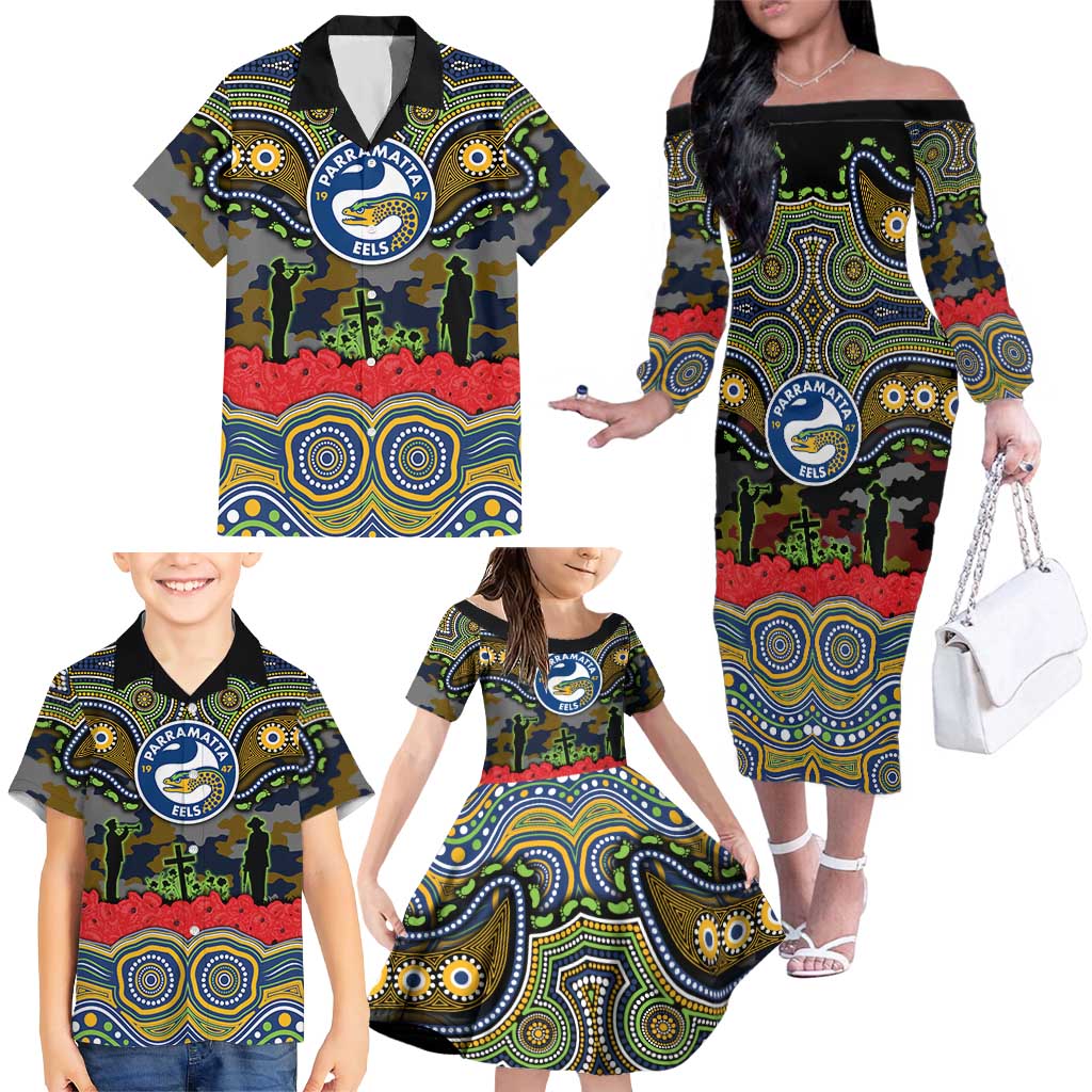 ANZAC Day Parramatta Eels Family Matching Off The Shoulder Long Sleeve Dress and Hawaiian Shirt Military Memorial Aboriginal Indigenous Art