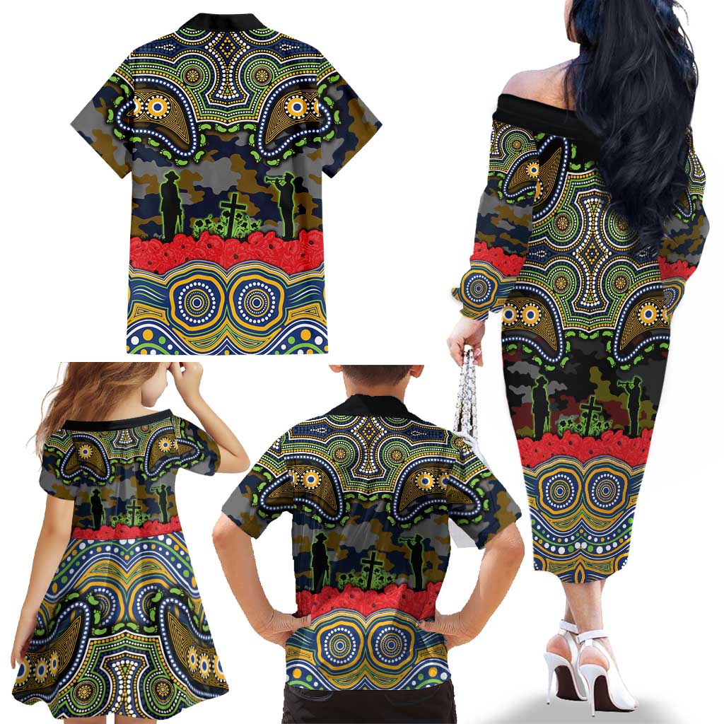 ANZAC Day Parramatta Eels Family Matching Off The Shoulder Long Sleeve Dress and Hawaiian Shirt Military Memorial Aboriginal Indigenous Art