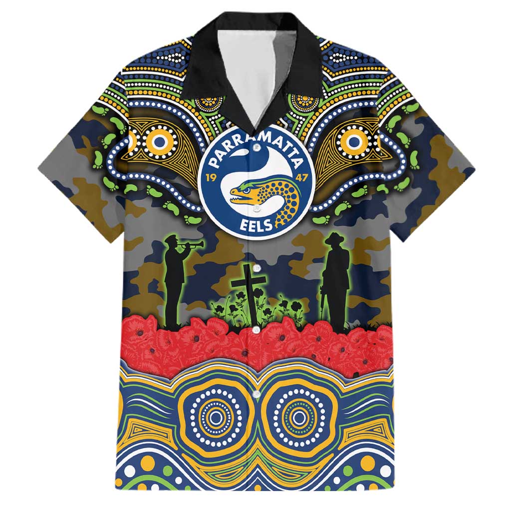 ANZAC Day Parramatta Eels Family Matching Off The Shoulder Long Sleeve Dress and Hawaiian Shirt Military Memorial Aboriginal Indigenous Art