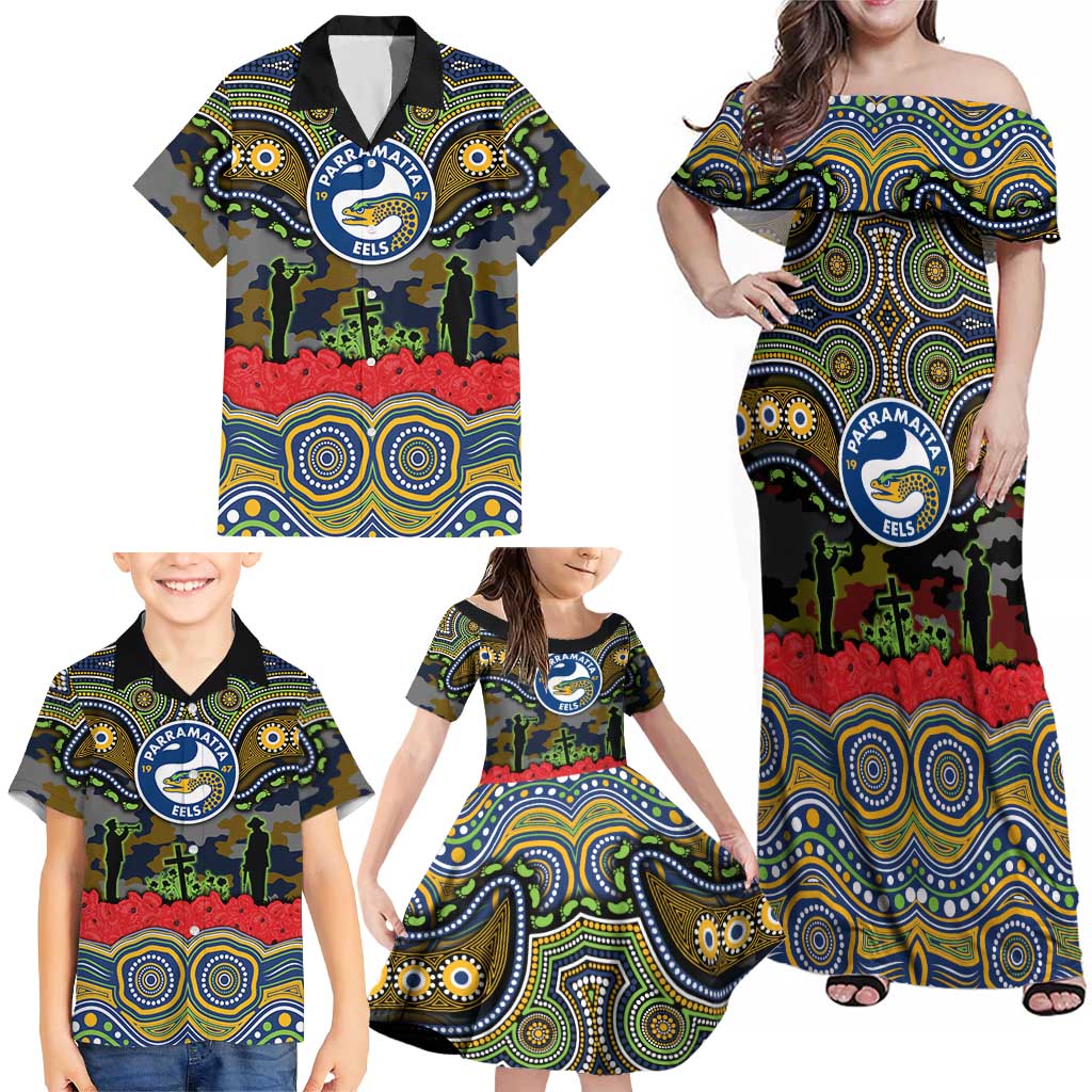ANZAC Day Parramatta Eels Family Matching Off Shoulder Maxi Dress and Hawaiian Shirt Military Memorial Aboriginal Indigenous Art
