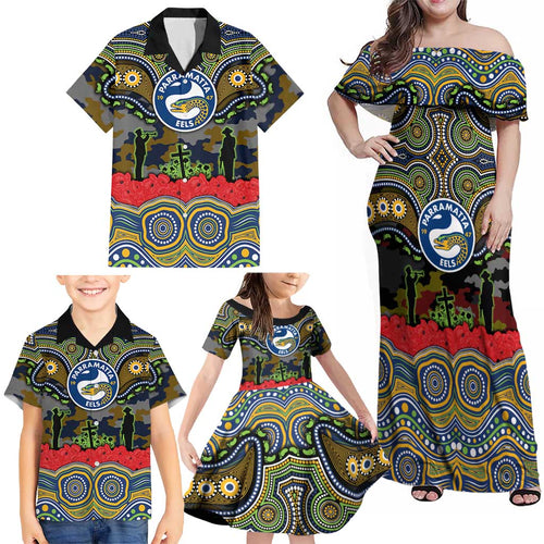 ANZAC Day Parramatta Eels Family Matching Off Shoulder Maxi Dress and Hawaiian Shirt Military Memorial Aboriginal Indigenous Art