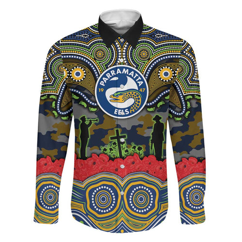 ANZAC Day Parramatta Eels Family Matching Off Shoulder Maxi Dress and Hawaiian Shirt Military Memorial Aboriginal Indigenous Art