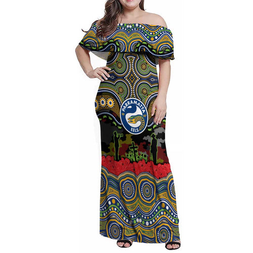 ANZAC Day Parramatta Eels Family Matching Off Shoulder Maxi Dress and Hawaiian Shirt Military Memorial Aboriginal Indigenous Art