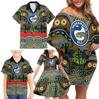 ANZAC Day Parramatta Eels Family Matching Off Shoulder Short Dress and Hawaiian Shirt Military Memorial Aboriginal Indigenous Art