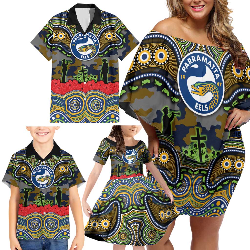 ANZAC Day Parramatta Eels Family Matching Off Shoulder Short Dress and Hawaiian Shirt Military Memorial Aboriginal Indigenous Art