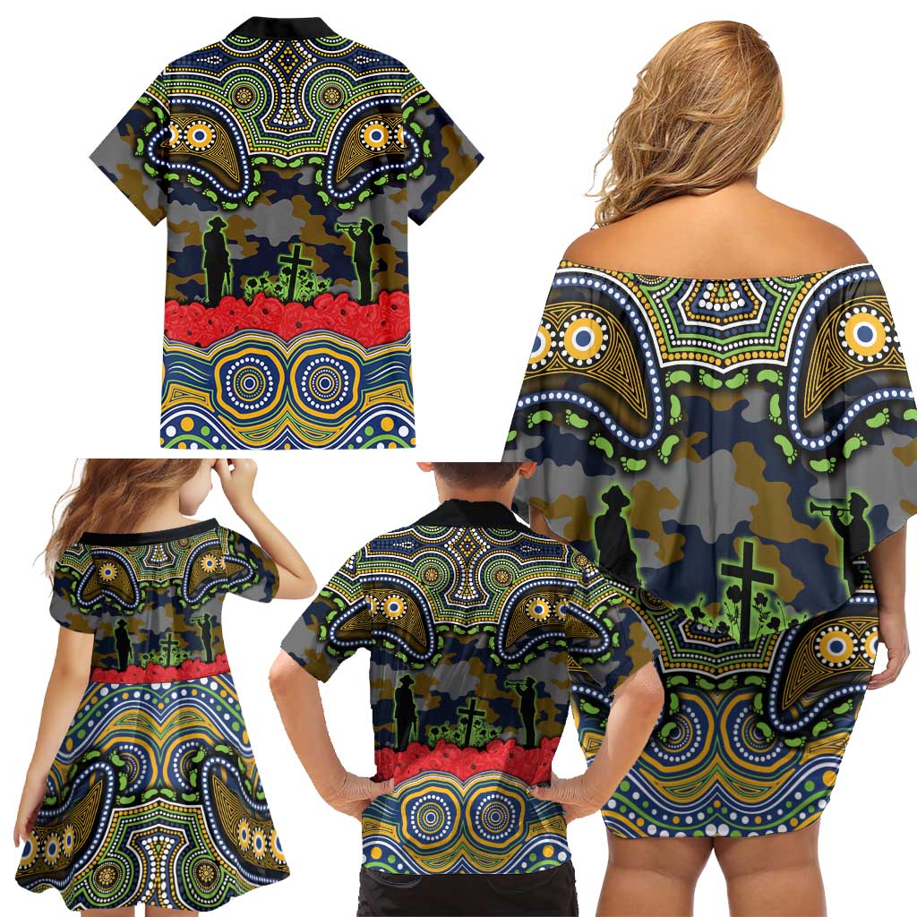 ANZAC Day Parramatta Eels Family Matching Off Shoulder Short Dress and Hawaiian Shirt Military Memorial Aboriginal Indigenous Art