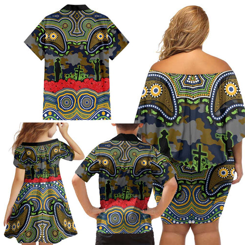 ANZAC Day Parramatta Eels Family Matching Off Shoulder Short Dress and Hawaiian Shirt Military Memorial Aboriginal Indigenous Art