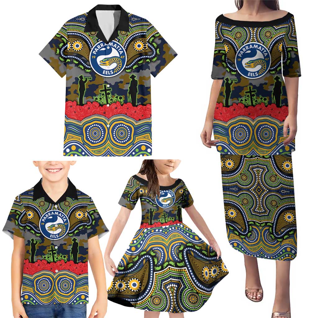 ANZAC Day Parramatta Eels Family Matching Puletasi and Hawaiian Shirt Military Memorial Aboriginal Indigenous Art