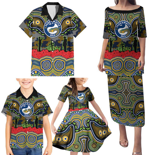 ANZAC Day Parramatta Eels Family Matching Puletasi and Hawaiian Shirt Military Memorial Aboriginal Indigenous Art