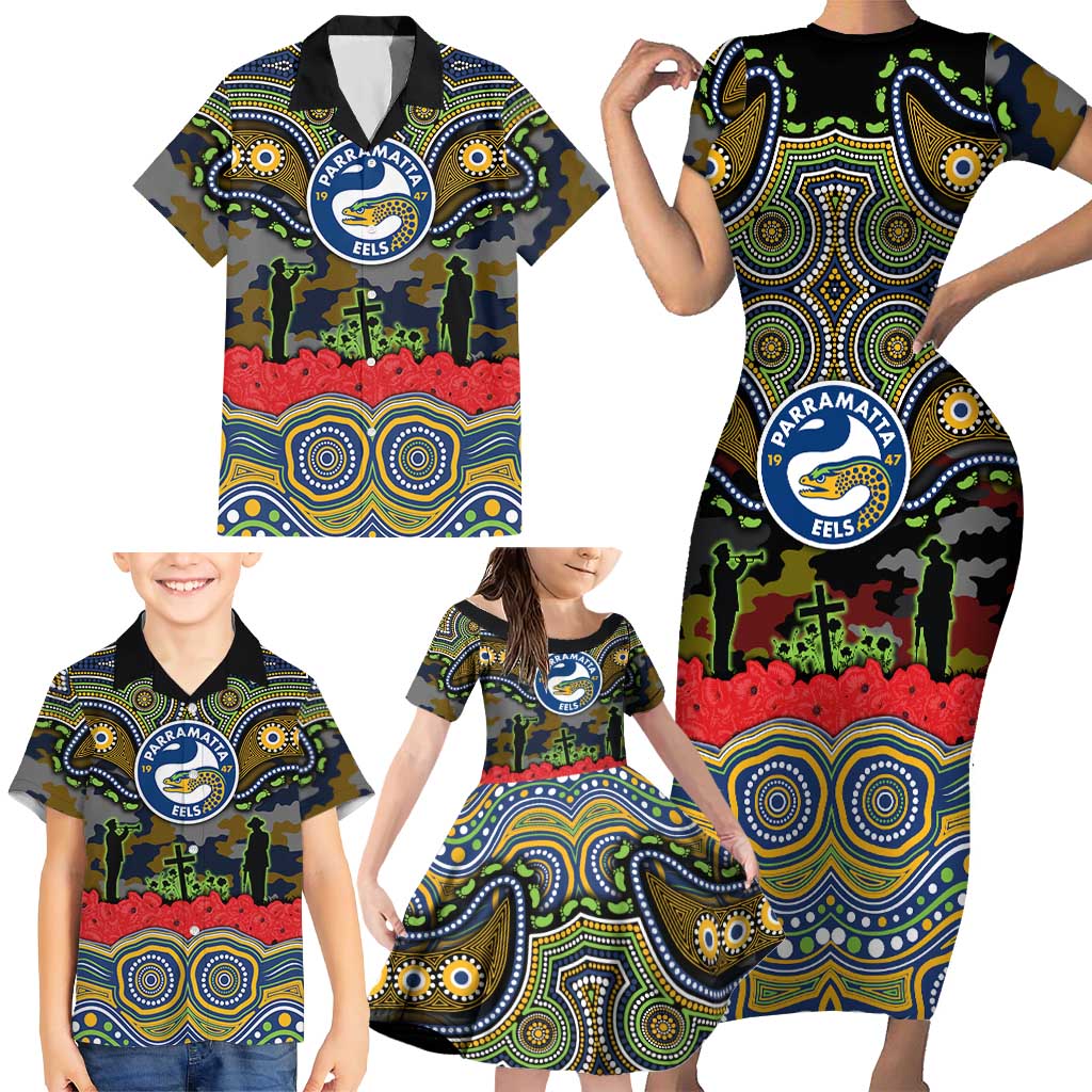 ANZAC Day Parramatta Eels Family Matching Short Sleeve Bodycon Dress and Hawaiian Shirt Military Memorial Aboriginal Indigenous Art