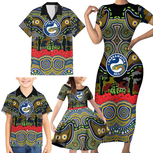 ANZAC Day Parramatta Eels Family Matching Short Sleeve Bodycon Dress and Hawaiian Shirt Military Memorial Aboriginal Indigenous Art