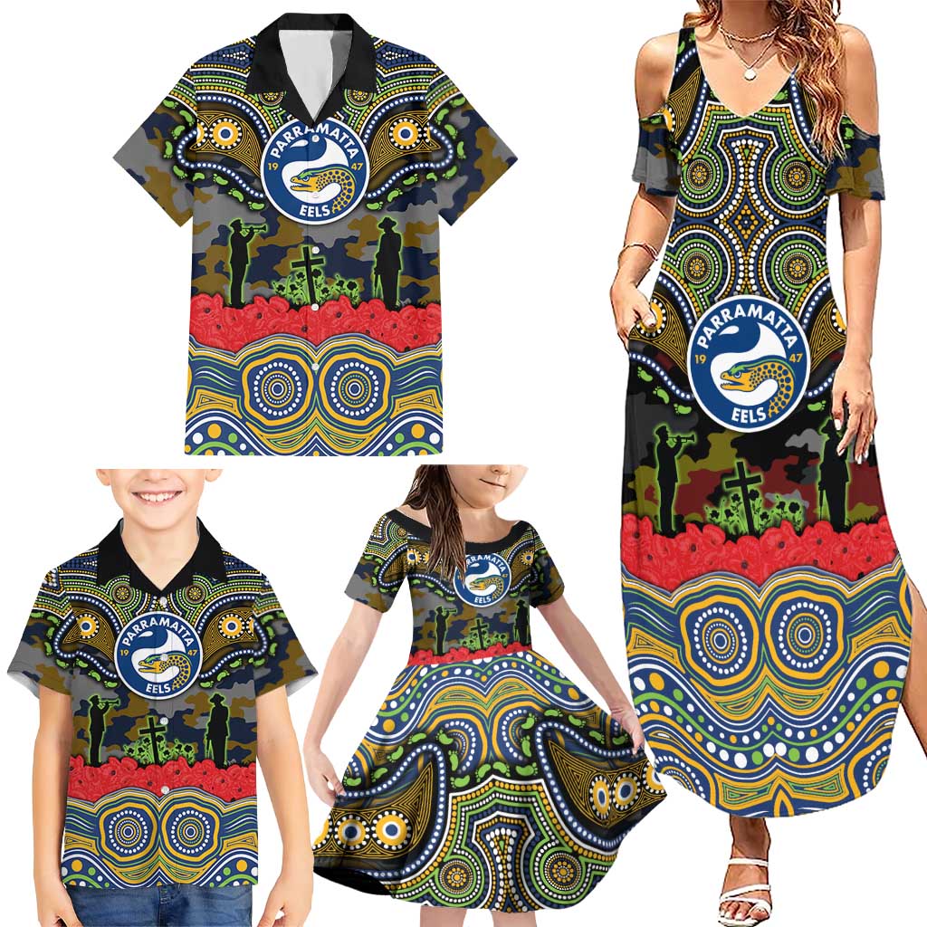 ANZAC Day Parramatta Eels Family Matching Summer Maxi Dress and Hawaiian Shirt Military Memorial Aboriginal Indigenous Art