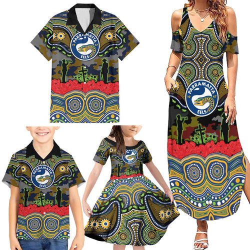 ANZAC Day Parramatta Eels Family Matching Summer Maxi Dress and Hawaiian Shirt Military Memorial Aboriginal Indigenous Art