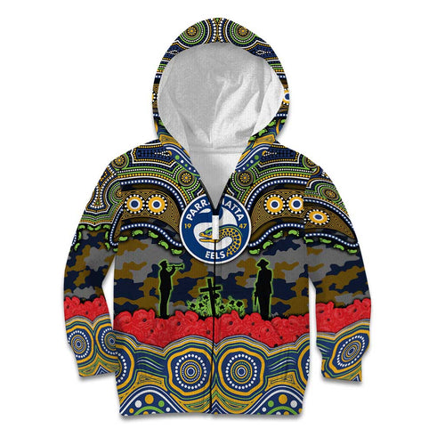 ANZAC Day Parramatta Eels Kid Hoodie Military Memorial Aboriginal Indigenous Art