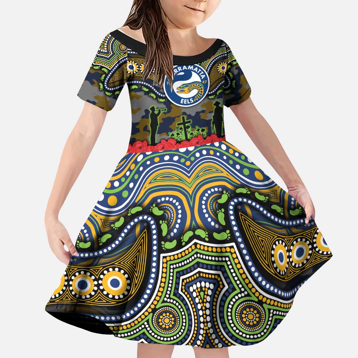 ANZAC Day Parramatta Eels Kid Short Sleeve Dress Military Memorial Aboriginal Indigenous Art