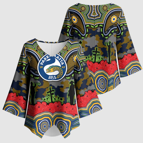 ANZAC Day Parramatta Eels Kimono Sleeve Blouse Military Memorial Aboriginal Indigenous Art