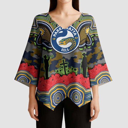 ANZAC Day Parramatta Eels Kimono Sleeve Blouse Military Memorial Aboriginal Indigenous Art