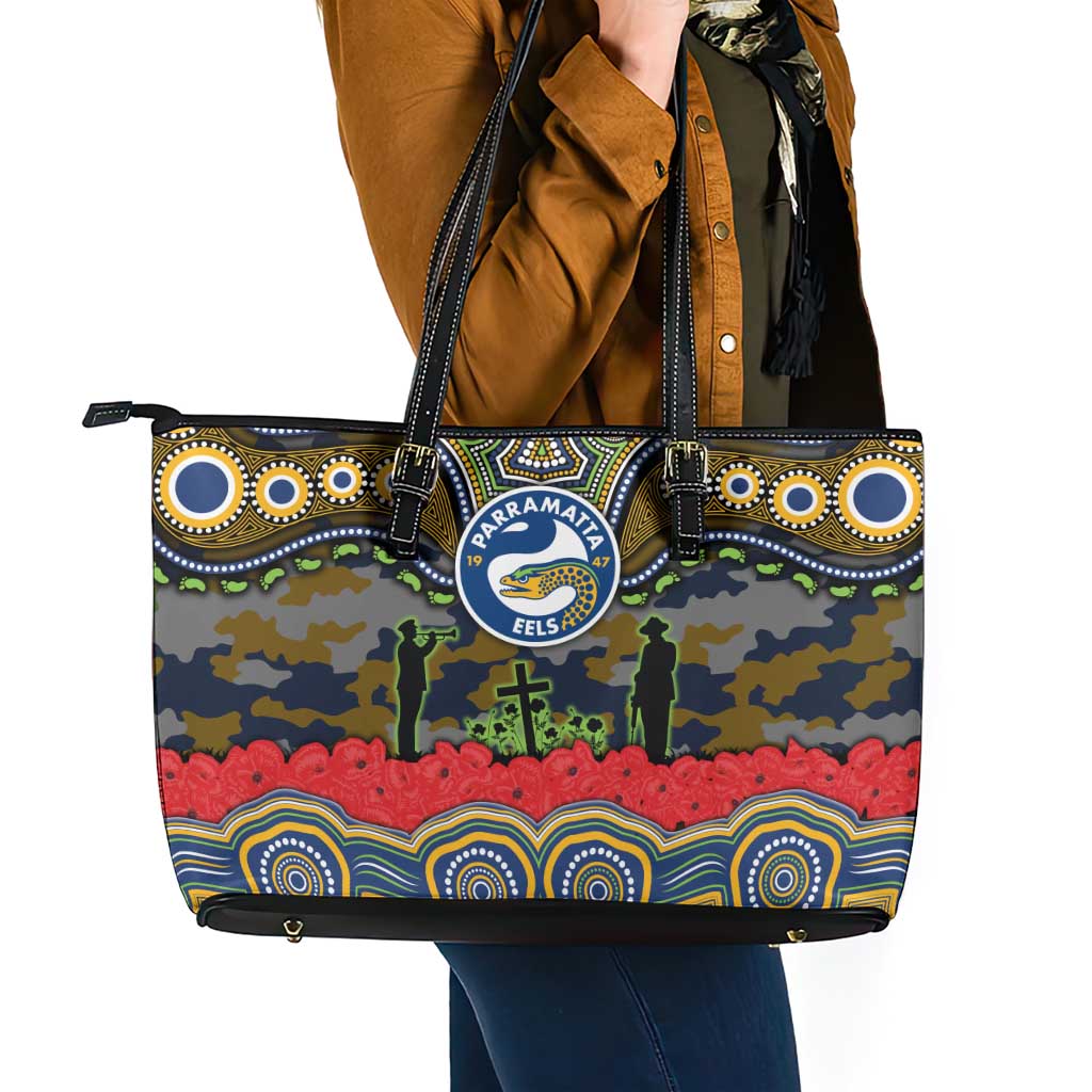 ANZAC Day Parramatta Eels Leather Tote Bag Military Memorial Aboriginal Indigenous Art