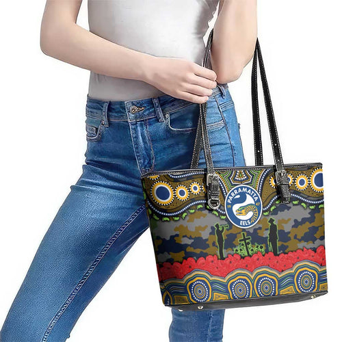 ANZAC Day Parramatta Eels Leather Tote Bag Military Memorial Aboriginal Indigenous Art