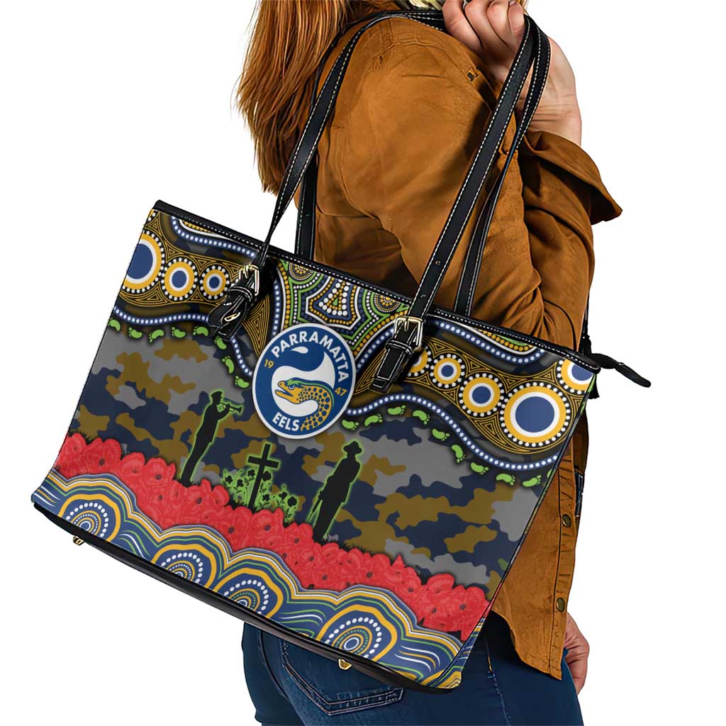 ANZAC Day Parramatta Eels Leather Tote Bag Military Memorial Aboriginal Indigenous Art