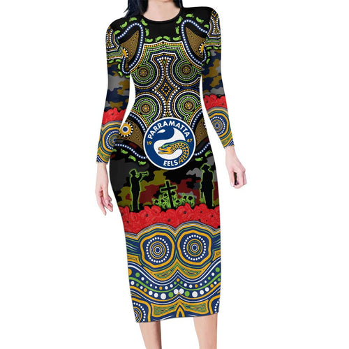 ANZAC Day Parramatta Eels Long Sleeve Bodycon Dress Military Memorial Aboriginal Indigenous Art