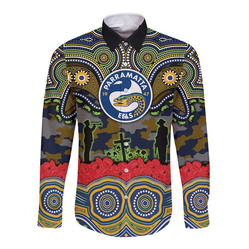 ANZAC Day Parramatta Eels Long Sleeve Button Shirt Military Memorial Aboriginal Indigenous Art
