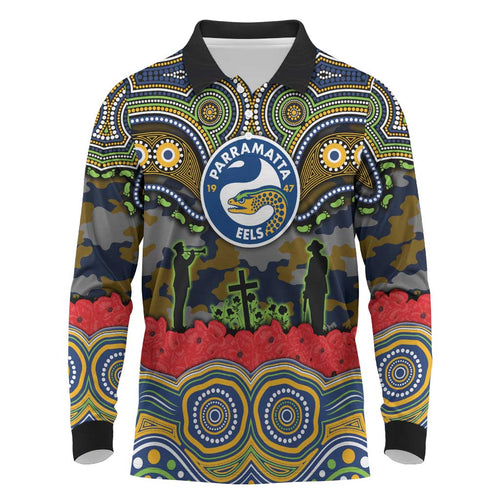 ANZAC Day Parramatta Eels Long Sleeve Polo Shirt Military Memorial Aboriginal Indigenous Art
