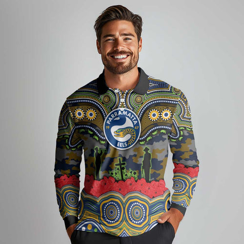 ANZAC Day Parramatta Eels Long Sleeve Polo Shirt Military Memorial Aboriginal Indigenous Art