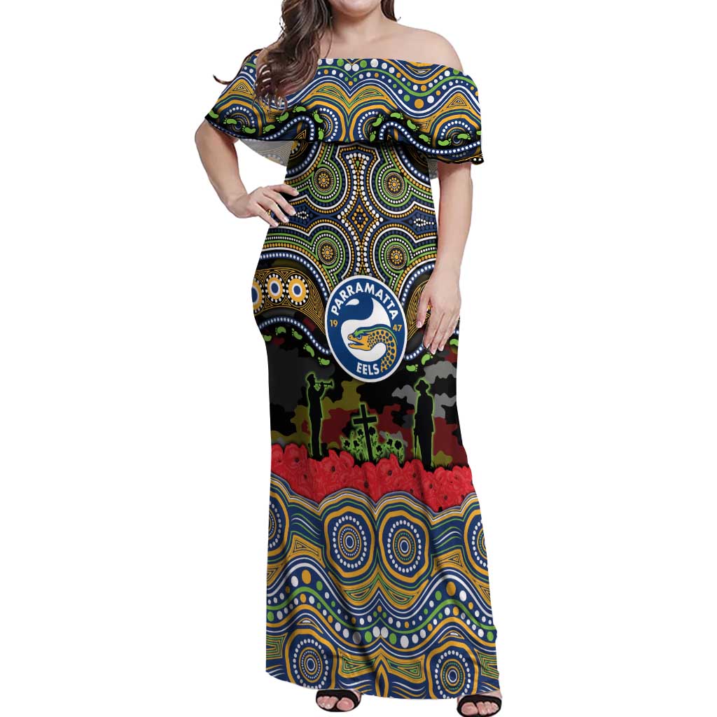 ANZAC Day Parramatta Eels Off Shoulder Maxi Dress Military Memorial Aboriginal Indigenous Art