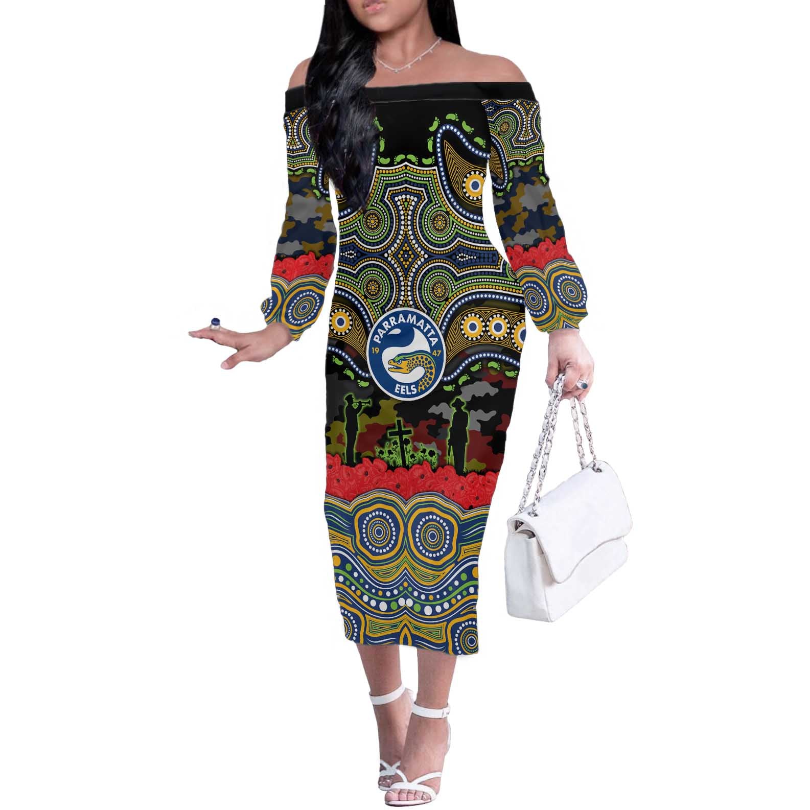 ANZAC Day Parramatta Eels Off The Shoulder Long Sleeve Dress Military Memorial Aboriginal Indigenous Art