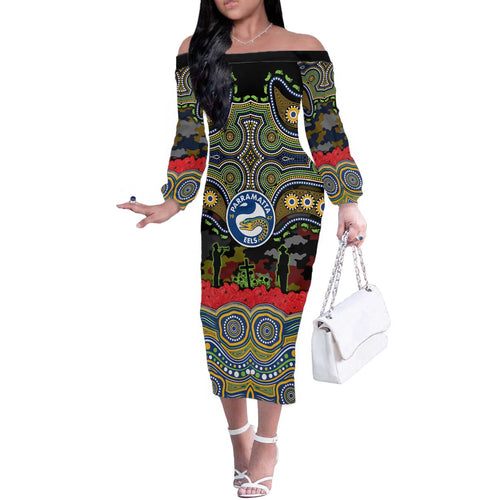 ANZAC Day Parramatta Eels Off The Shoulder Long Sleeve Dress Military Memorial Aboriginal Indigenous Art