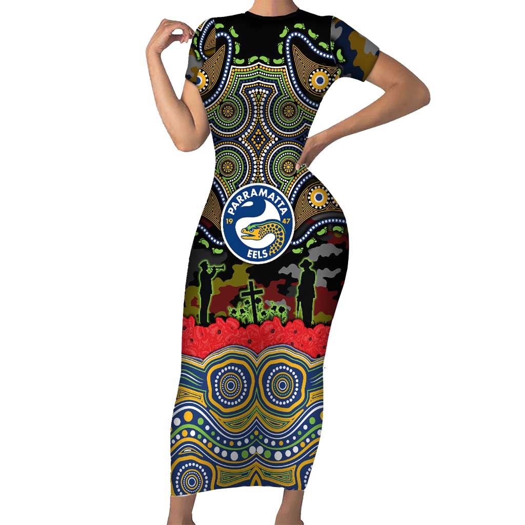 ANZAC Day Parramatta Eels Short Sleeve Bodycon Dress Military Memorial Aboriginal Indigenous Art