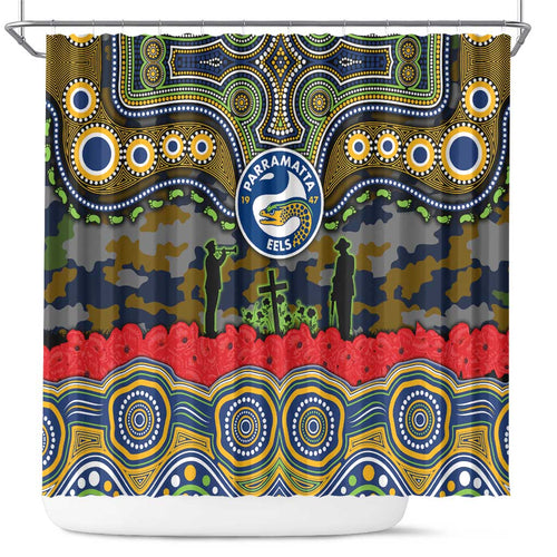 ANZAC Day Parramatta Eels Shower Curtain Military Memorial Aboriginal Indigenous Art